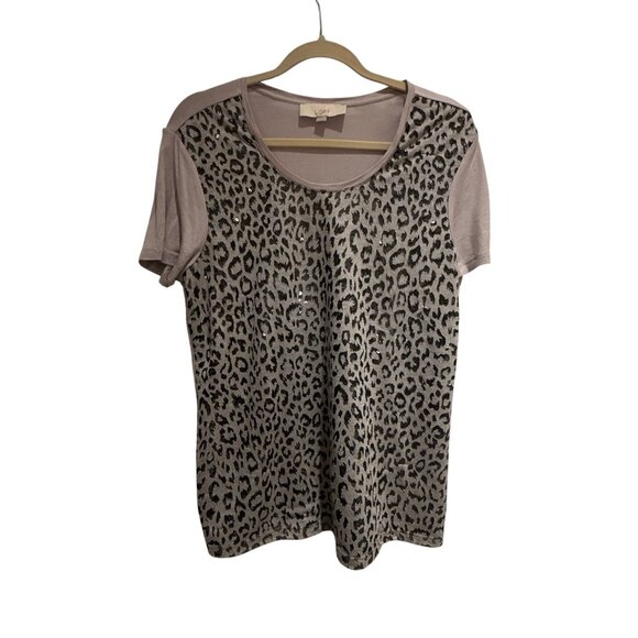 LOFT Women's Leopard Print Short Sleeve Scoop Neck T Shirt Size Large Artsy - Picture 1 of 9